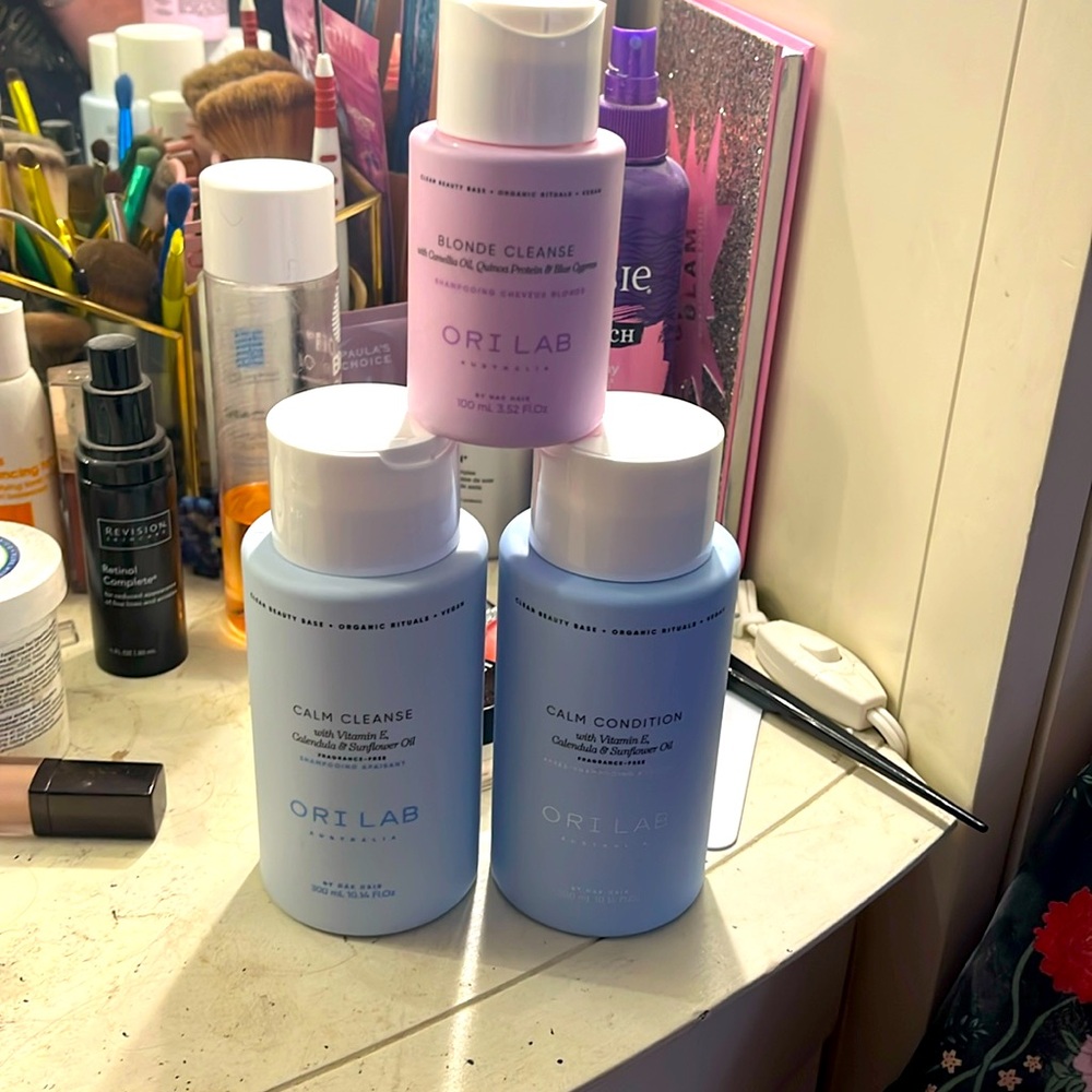 Ori Lab cleanser, conditioner, and blonde cleanse.